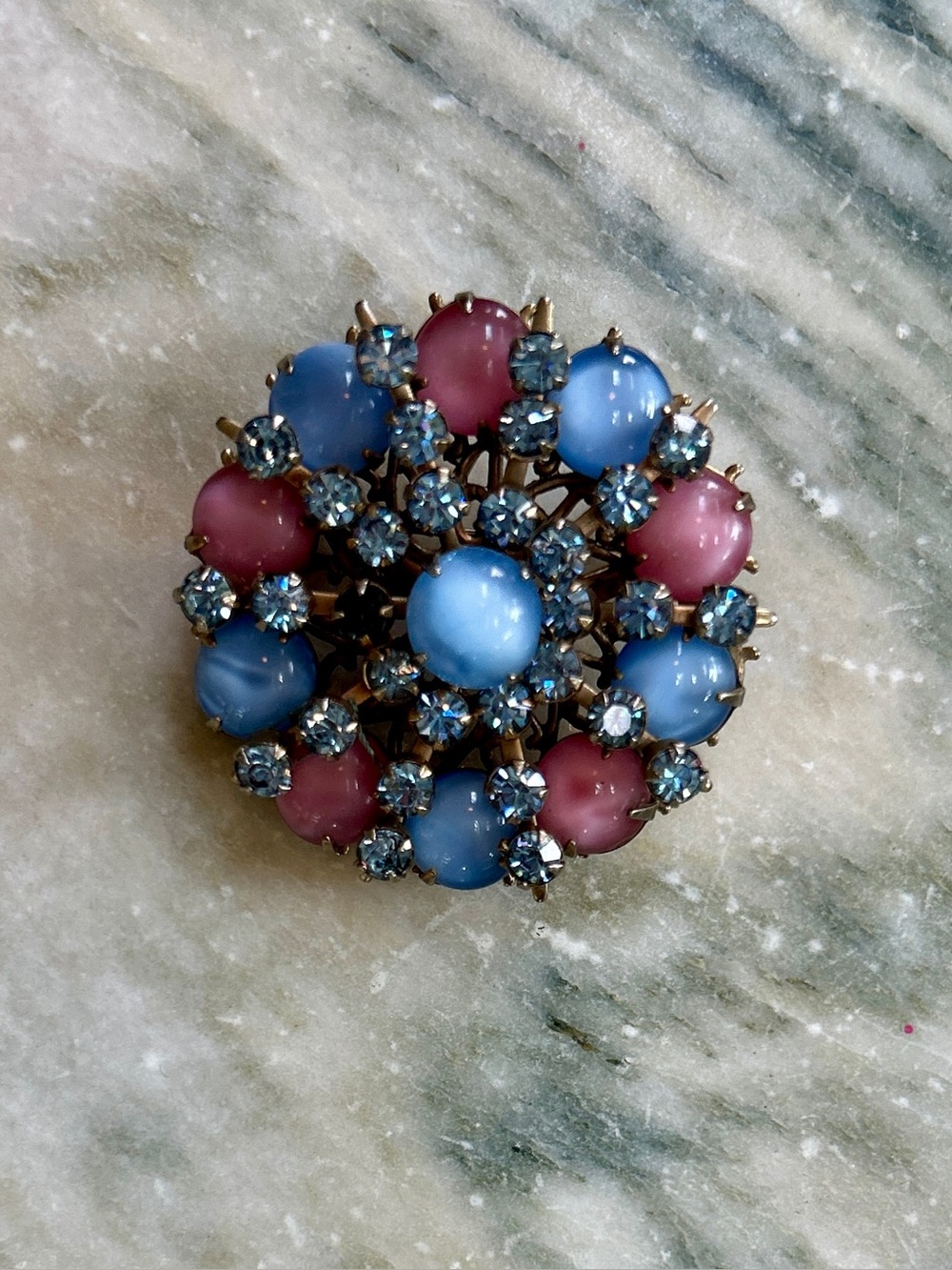 Mid Century Glass And Rhinestone Brooch